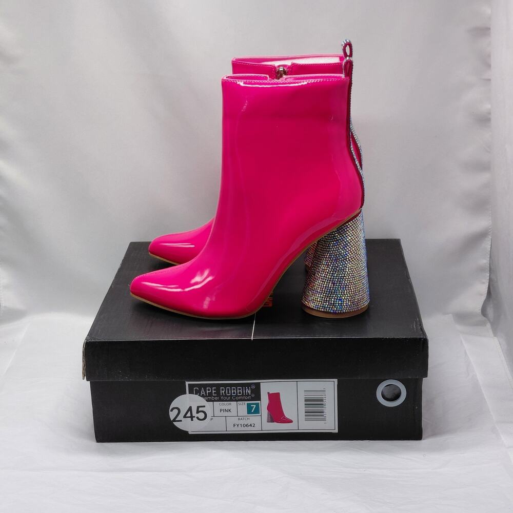 Cape Robbin Womens Ankle Boots Size 7 Hot Pink Patent Y2K Glam Rhinestone Heels